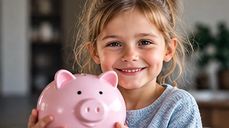 Lachendes Mädchen mit Sparschwein
